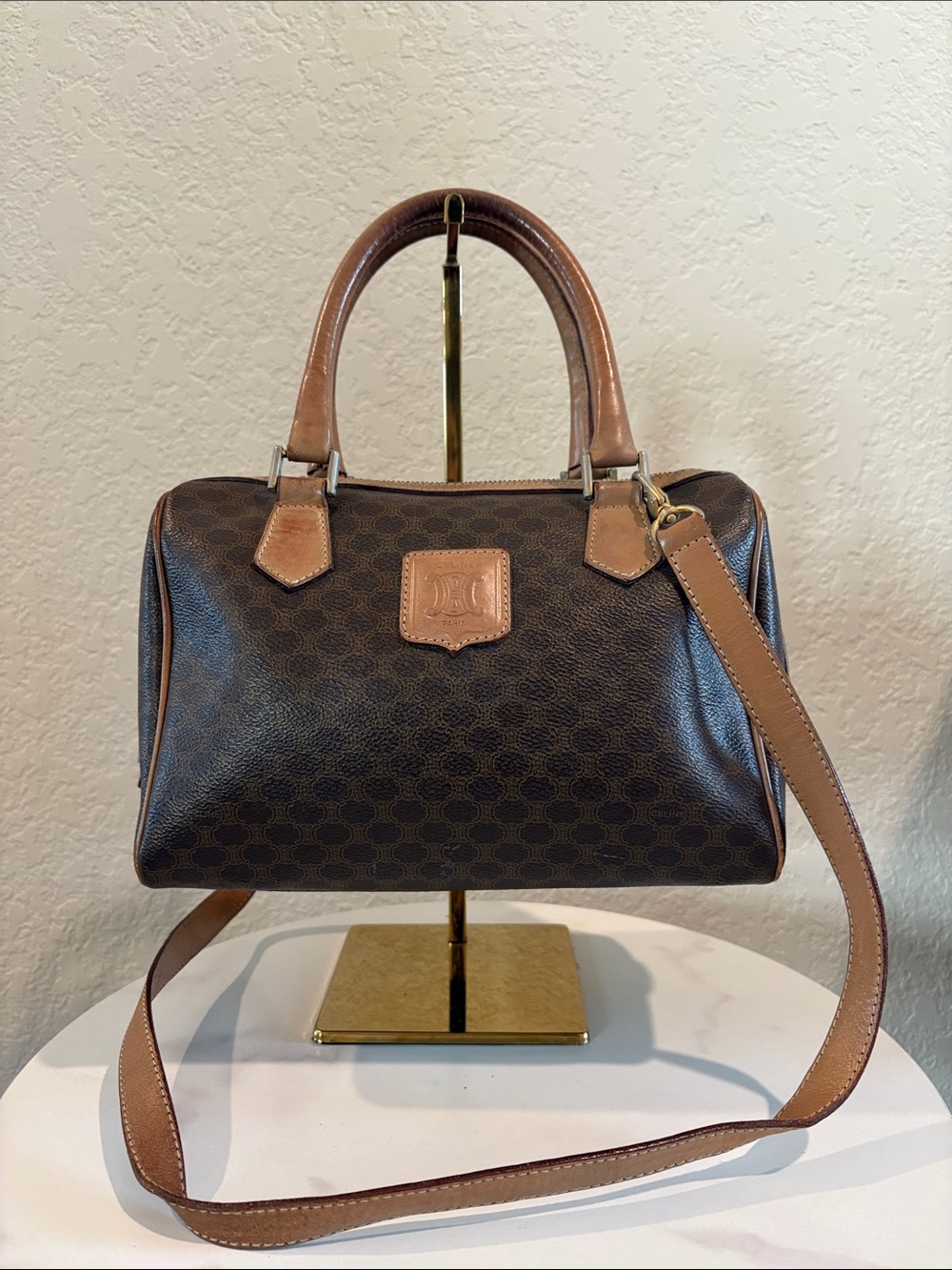 Celine Macadam Leather Boston Bag Brown